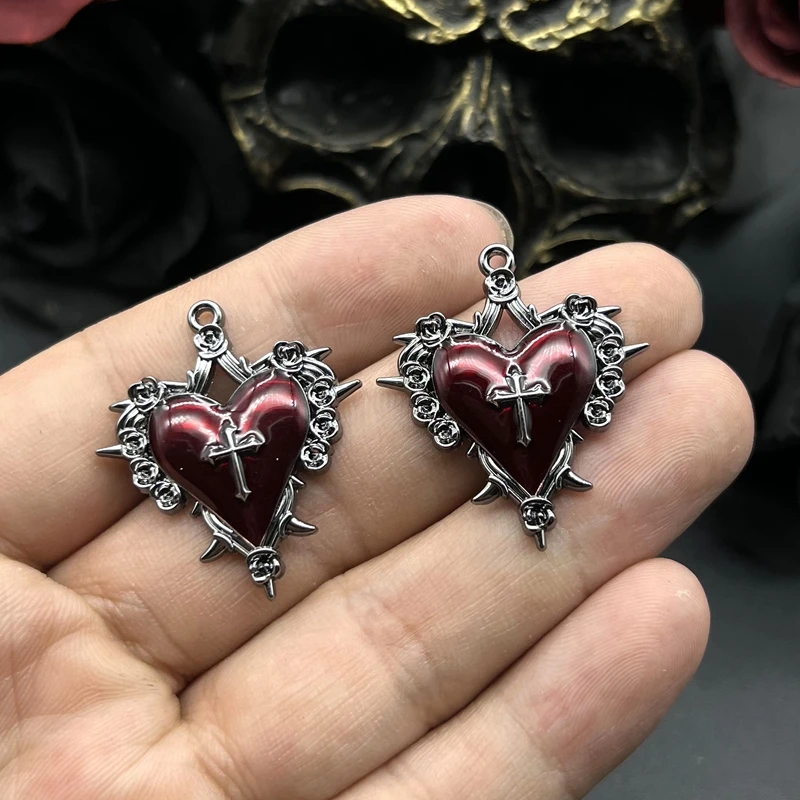 5pcs 34*30mm Thorn Rose Cross Heart Charms Enamel Halloween Pendant Designer Gun-black Fit Jewelry Making DIY Jewelry Findings