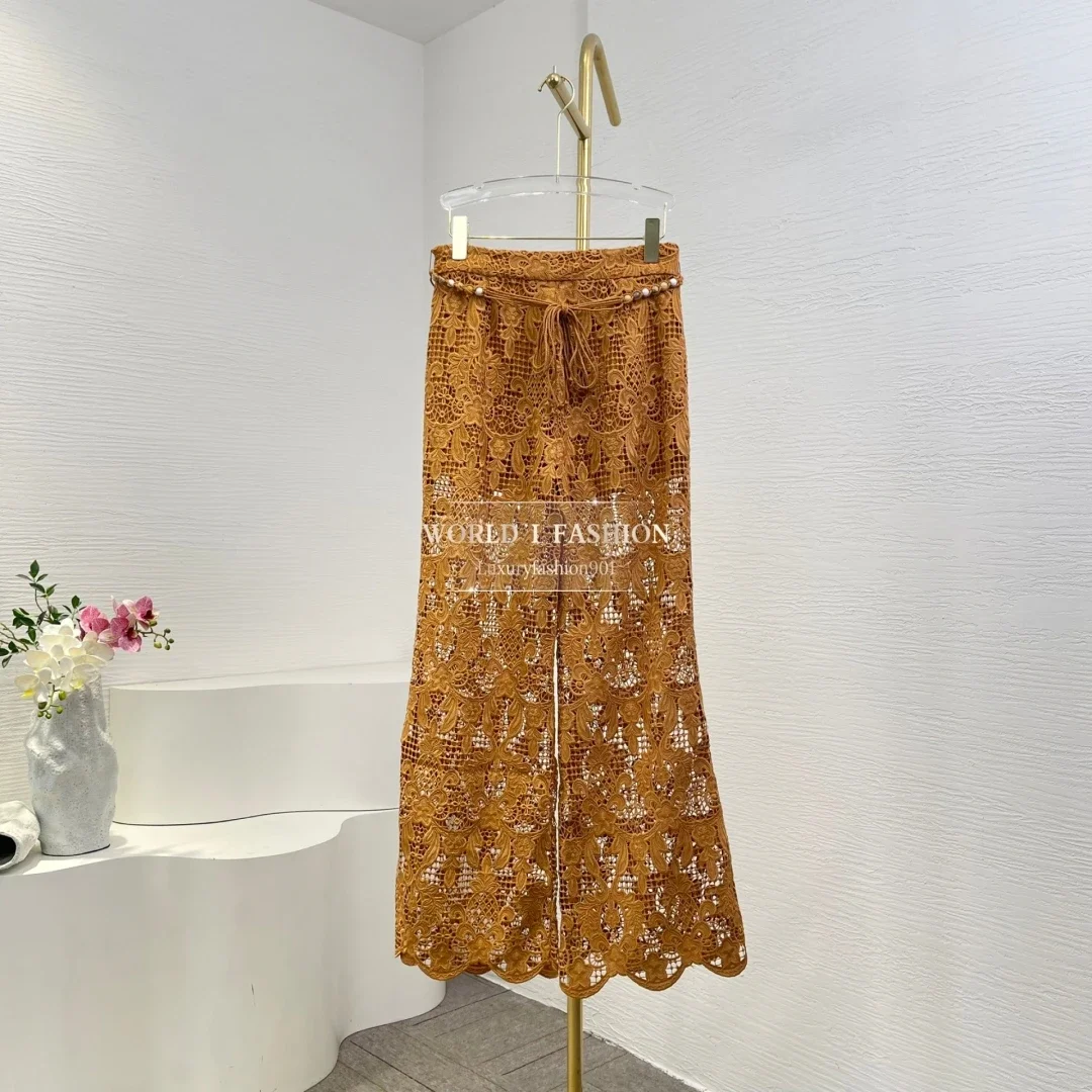 

2025 New Women Holiday Summer Set Embroidery Beaded Hook Flower Hollow High Quality Pullover Blouse and Pants Outfit