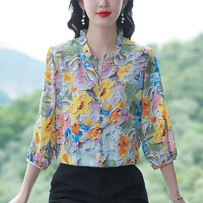 Women\'s 2024 Summer New Pullover O-Neck Patchwork Button Printing Fashion Slim Minimalist Casual 3/4 Sleeve Blouses Shirts