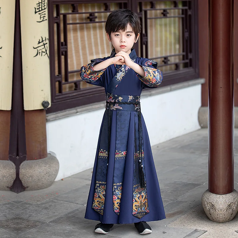 

Navy Blue Chinese Children Dance Costumes for Boys Traditional Kids Dragon Embroidery Hanfu Stage Performance Tang Suit