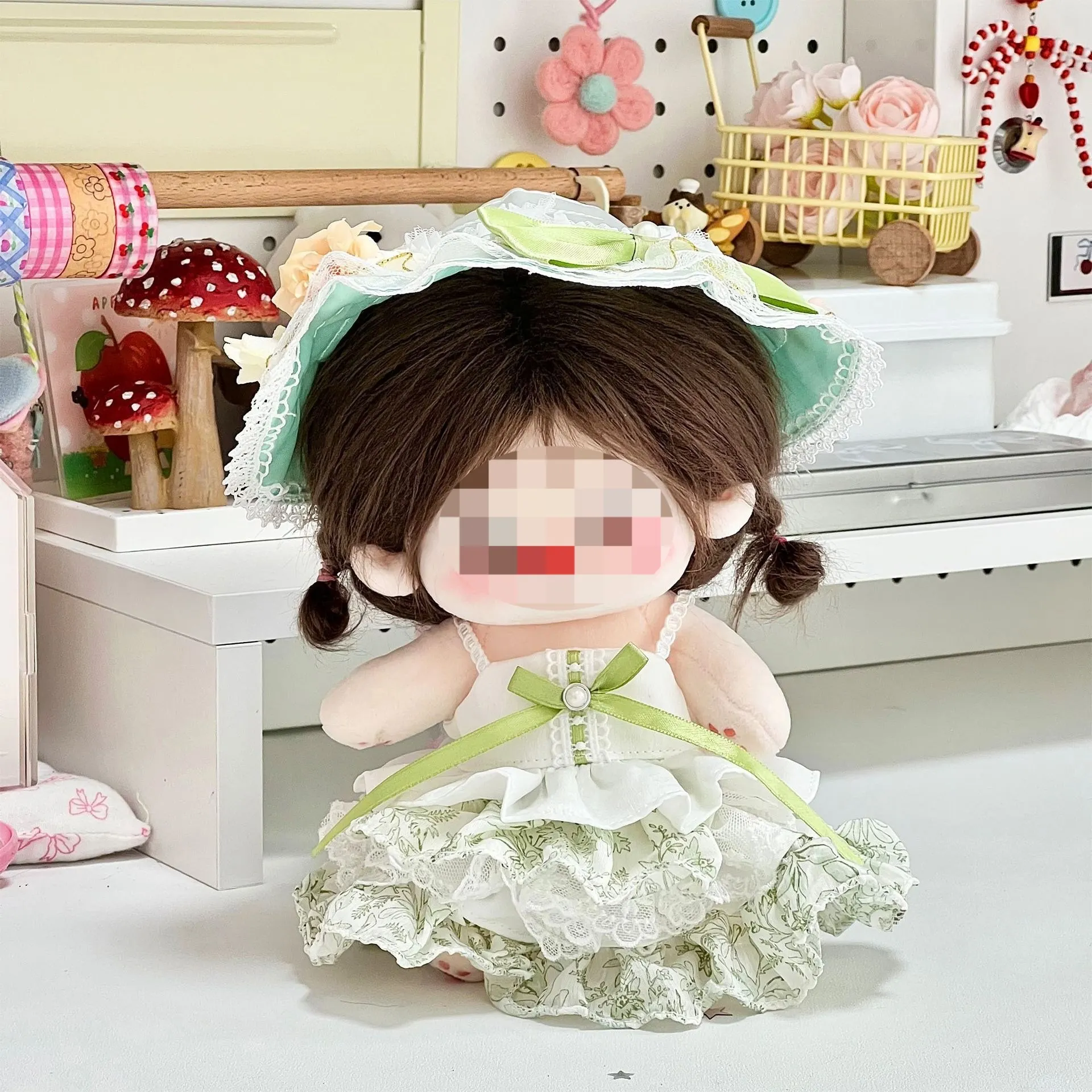 ชุดตุ๊กตาผ้าฝ้ายน่ารักขนาด 20 ซม. ชุดเจ้าหญิงพร้อมหมวกสีเขียว