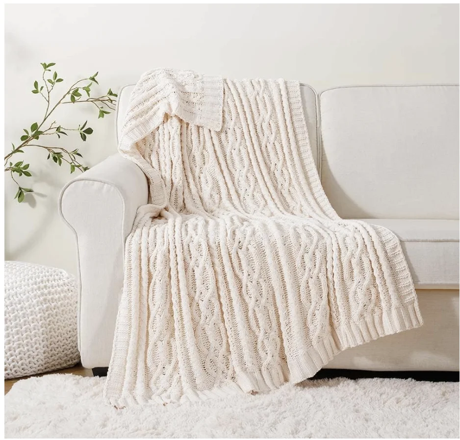 Cream White Ivory Throw Blanket for Couch, 51x 67 Inch, Woven Chenille Knit Throw Blanket for Chair, Super Soft