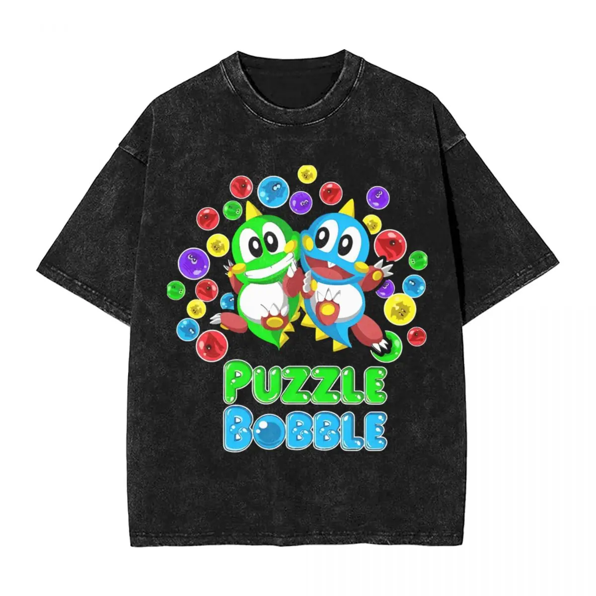 Mens T-Shirt Puzzle Bobble Washed T-Shirts Harajuku Summer Tee Shirt Vintage Loose Cotton Clothes Plus Size