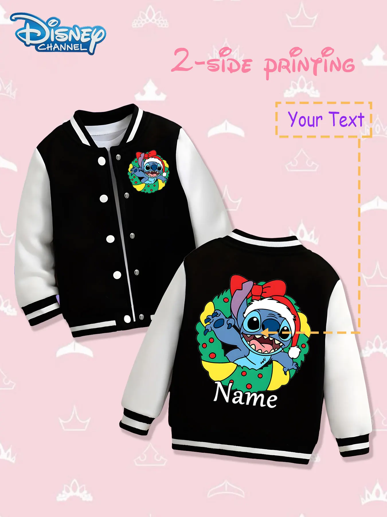 

MINISO Disney Christmas Stitch Kids Baseball Jacket - Double-sided print with Stitch Christmas wreath shape, full of festive atm