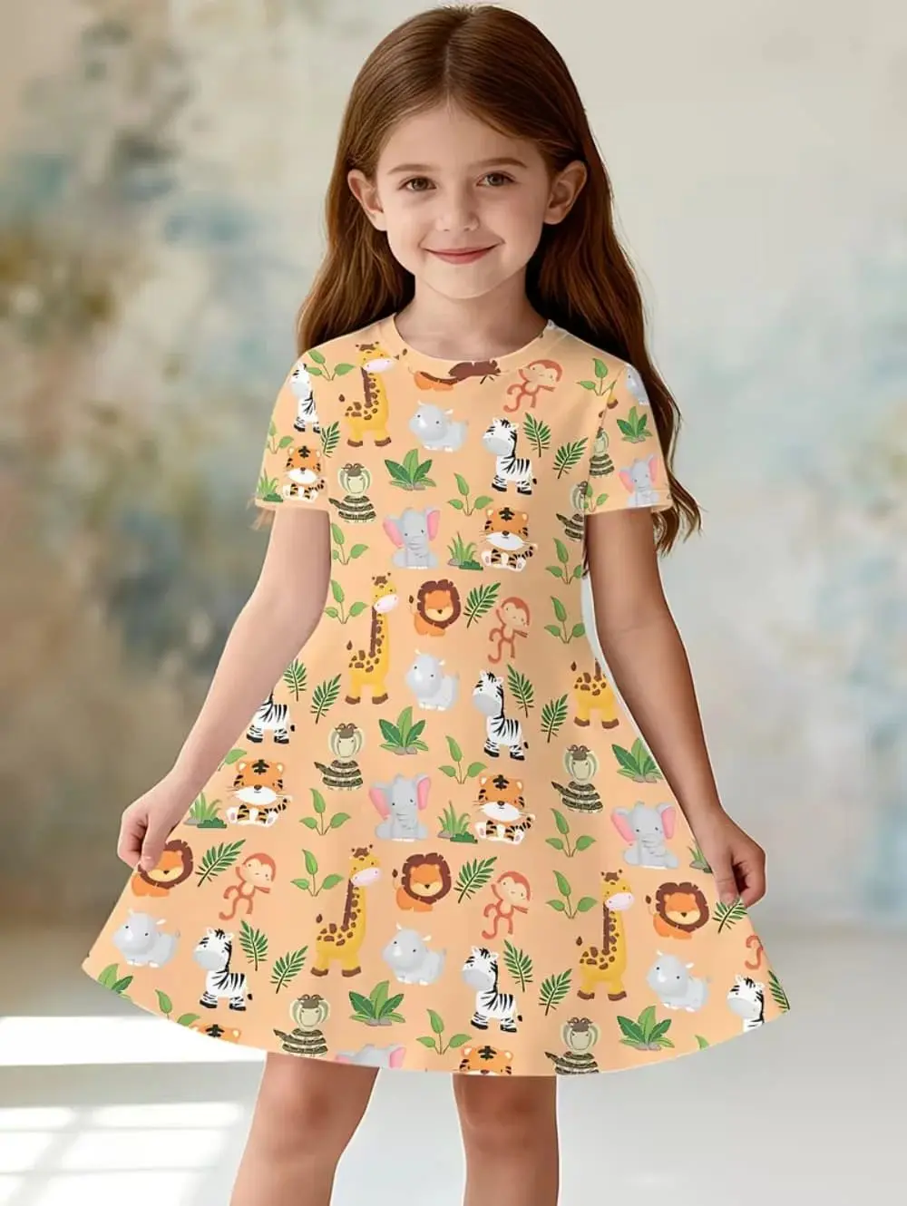 Girl Clothes Cute Cartoon Graphic Printed Girls' Princess Dress Summer Casual Dress for Girls Outfit O-Neck Animal Lover Clothes
