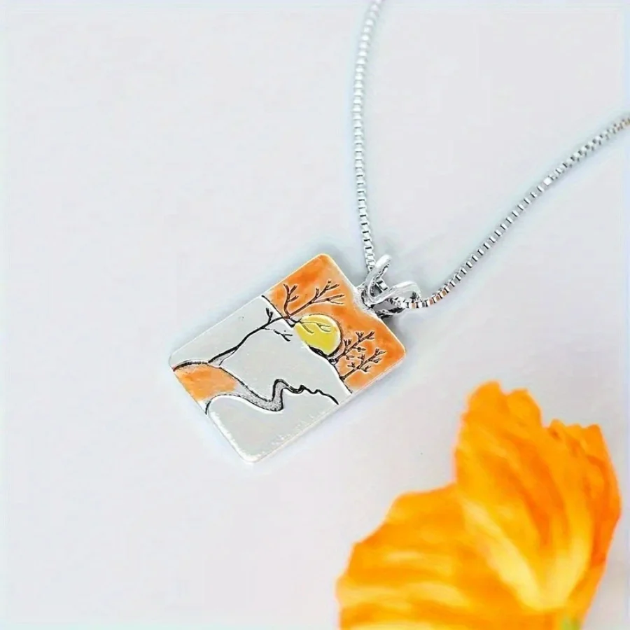 Vintage Bohemian sunset river forest pattern necklace as a jewelry gift for ladies\' birthday parties and anniversaries