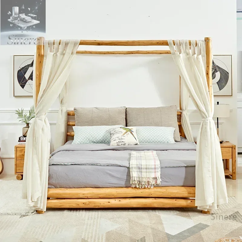 

South East Asia Log Homestay Four-poster bed New Chinese-style solid wood double bed Japanese-style shelf Cypress furniture