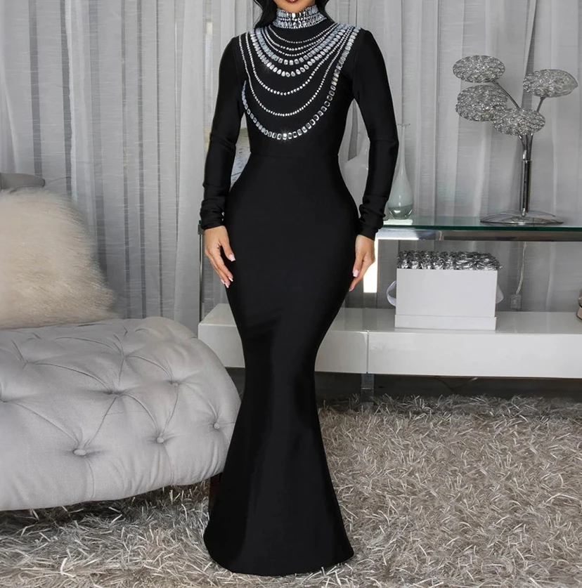 Vrouwen Hoge Split Jurken Diamanten Glanzende Pailletten Avondjurk Sexy Lange Mouw Zeemeermin Maxi Cocktail Party Prom Jurken XSY013