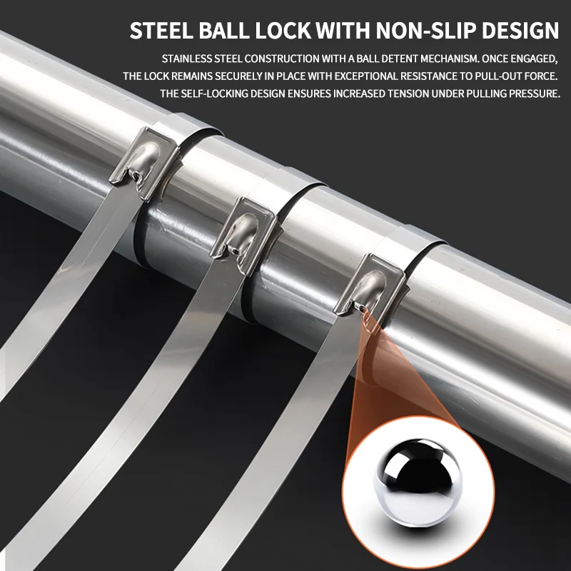 7.9mm Heavy Duty 304 Stainless Steel Zip Ties, Self-Locking Metal Straps for Industrial Machinery & Electrical Installations