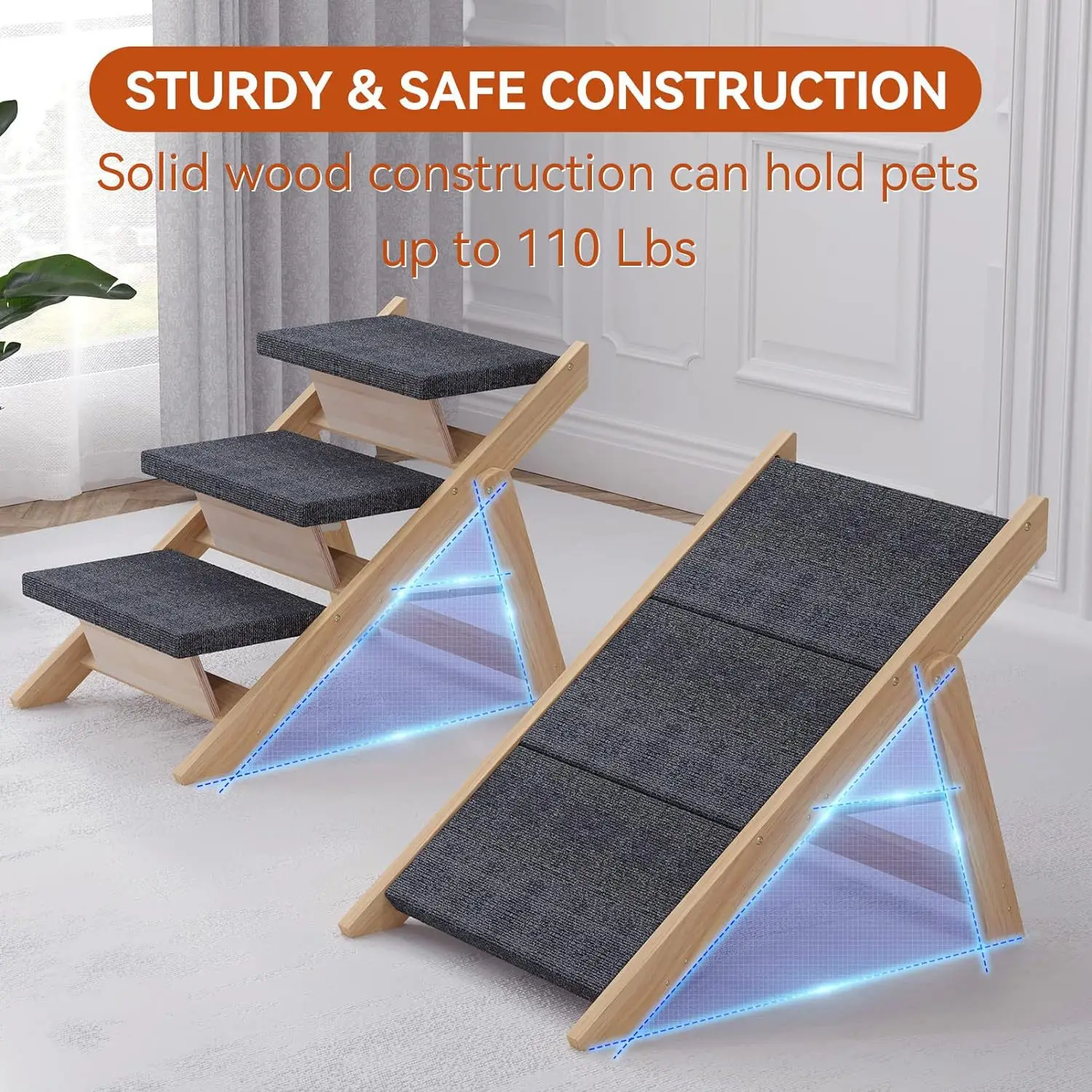 Dog Stair Foldable Dogs Ramp Stair 3 Layer Wooden Cat Climbing Ladder Indoor Outdoor Dog Toys Non-slip Pet Dog Steps Stair