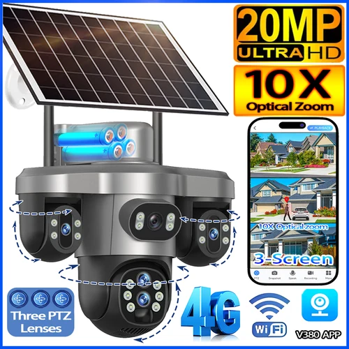 Cámara Solar 4G Sim de 20MP, WiFi, Zoom óptico 10X, 3-PTZ, 4 lentes, 3 pantallas, cámaras de seguridad inalámbricas para exteriores, seguimiento automático CCTV V380