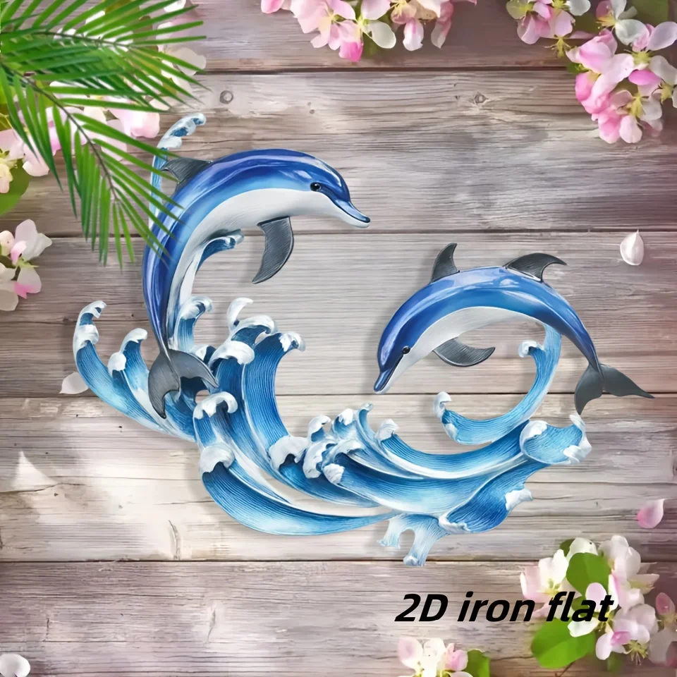 CIFBUY Dolphin Wave Metal Wall Decor, 2D Flat Iron Sea Creature Wall Art, Sea Themed Wall Hanging for Coastal Home
