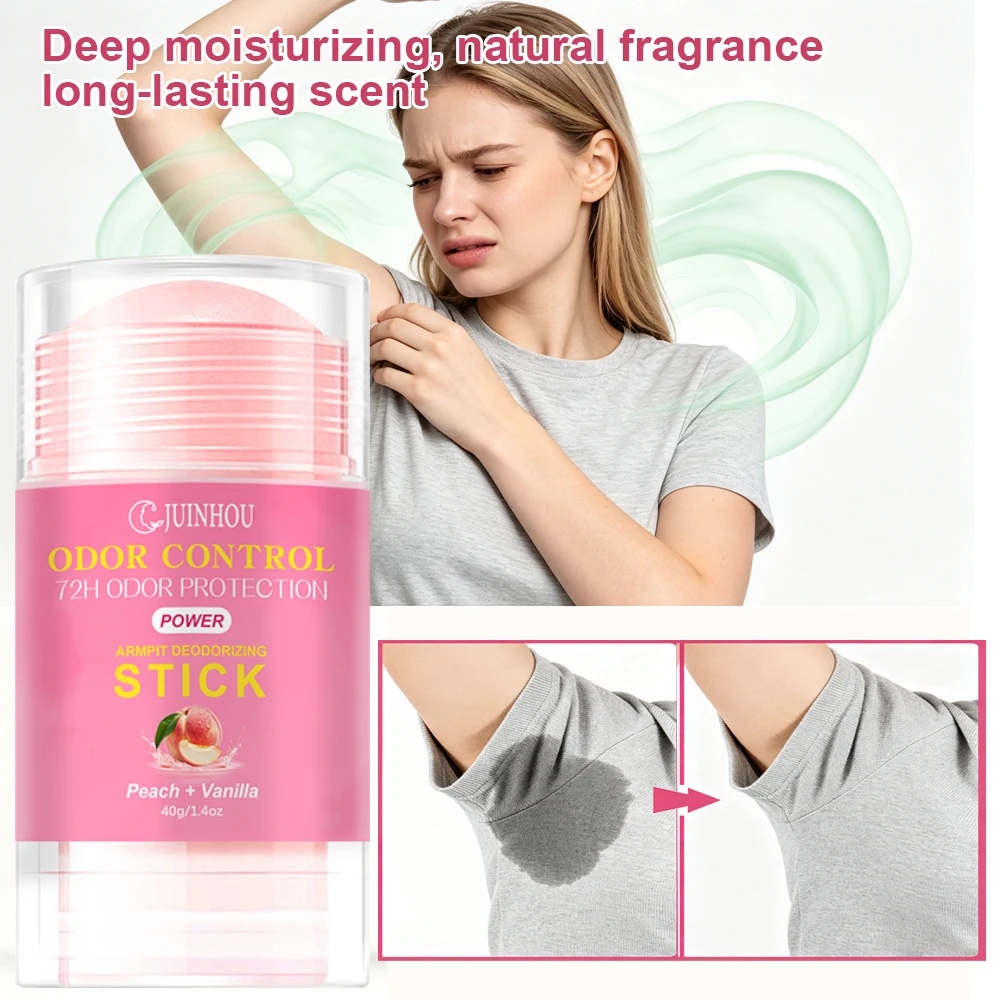 JUINHOU 40g Body Deodorant Stick Natural Peach Scent Non Sticky Long Lasting Freshener Sweat Odor Control Men Women Travel