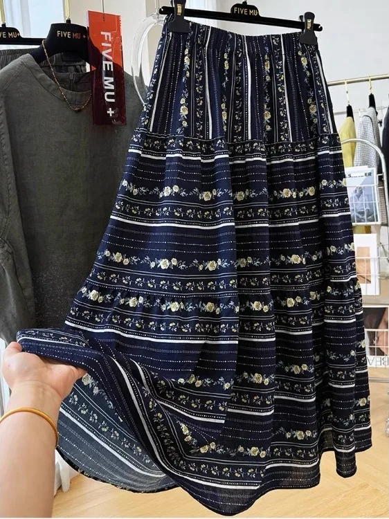 

Льняная шелковая юбка-миди трапециевидной формы с высокой талией и цветочным принтом, женская летняя юбка 2025, новые винтажные утягивающие юбки, корейская юбка-тортик