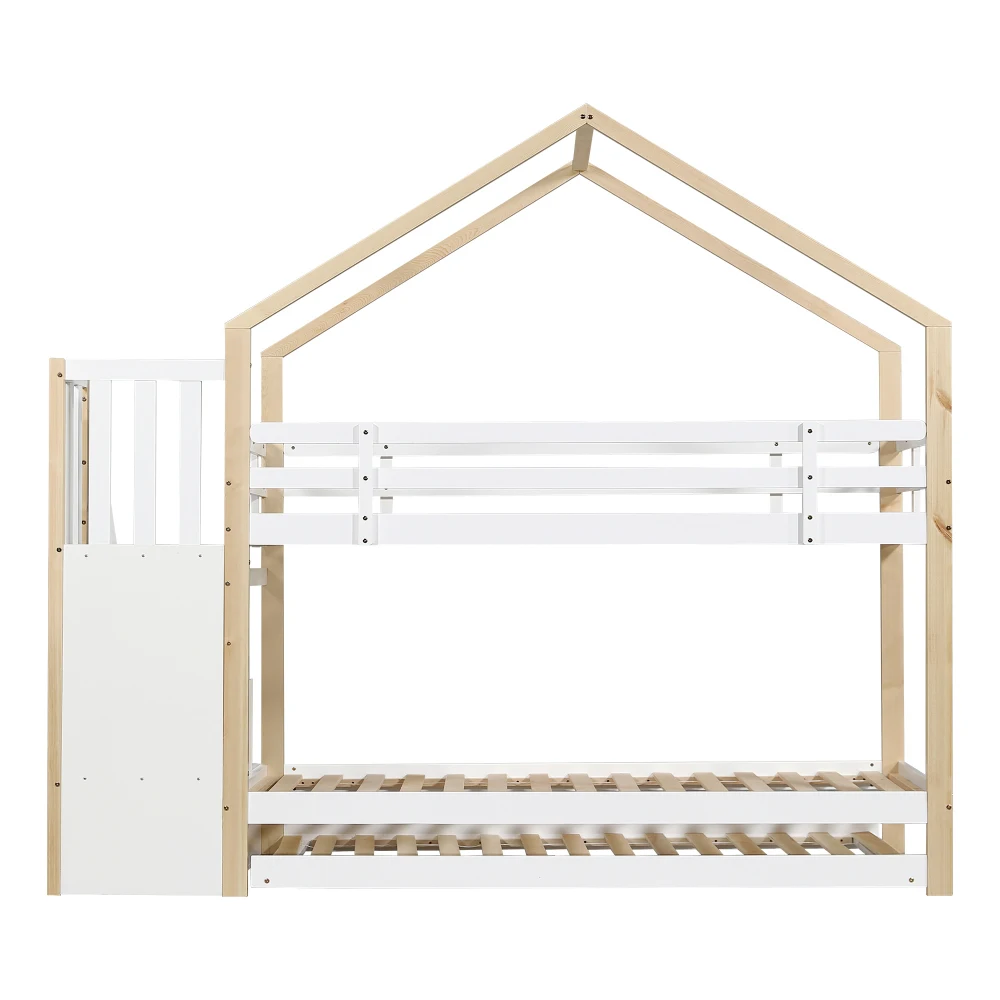 PINGGO Naturweißes Holzhausbett 90x200+90x190cm Kinder-Etagenbett mit Rutsche, Treppe, 3 Schubladen, Sicherheitsgeländer, ohne Matratze – Detail 16