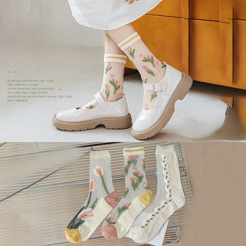 Women Tulip Summer Thin Crew Socks Ruffled Edge Breathable and Comfortable Fashion Cute Print Sweet Silk Flower Transparent Sock