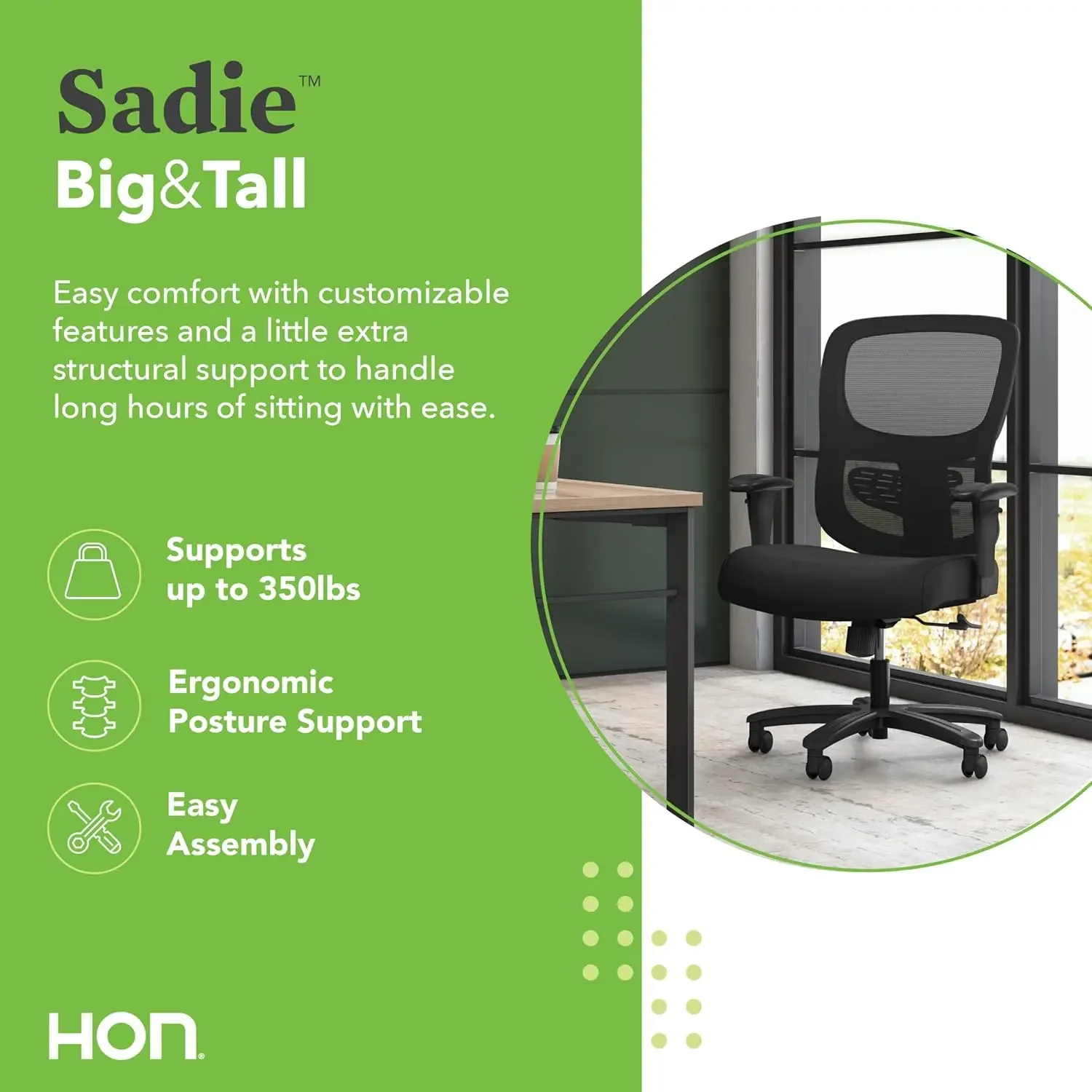 HON Sadie-Chaise de Bureau Ergonomique, Grande et Haute, avec Dossier en Maille, Support Lombaire, 400 lb Max