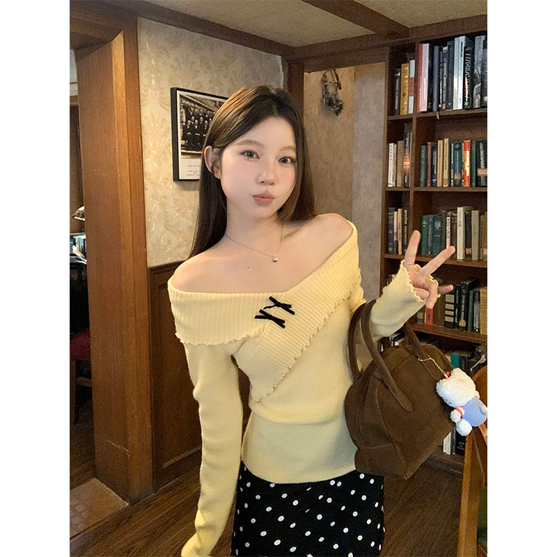 

Streetwear Slash Neck Sweater Women Fashion Sweet Bow Knitted Pullovers Sexy Gyaru Knitwears Winter Korean Long Sleeve Jumpers