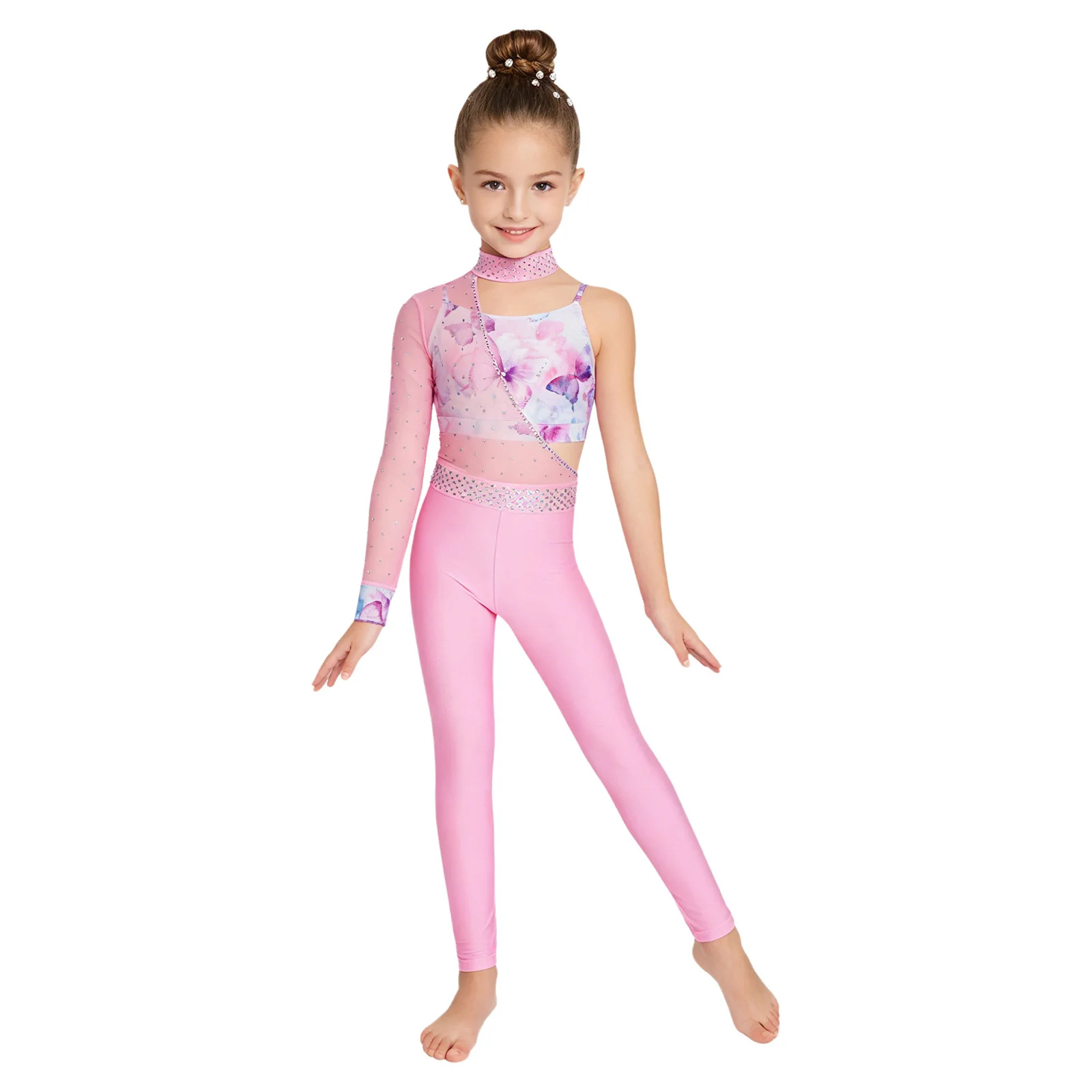 Kids Girls Ballet Dance Rhythmic Gymnastics Leotard Figure Skating Acrobatics Costume Mesh Shiny Rhinestones Jumpsuit with Vest