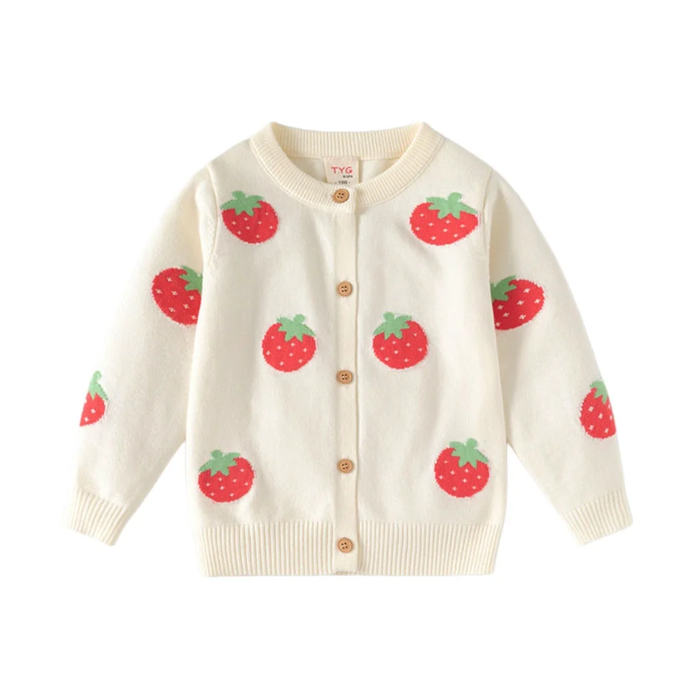 Jumping Meters Girls Sweater 3-7T Open Stitch Autumn Winter Long Sleeve Strawberry Print Cute Kids Clothing with Buttons Baby Co