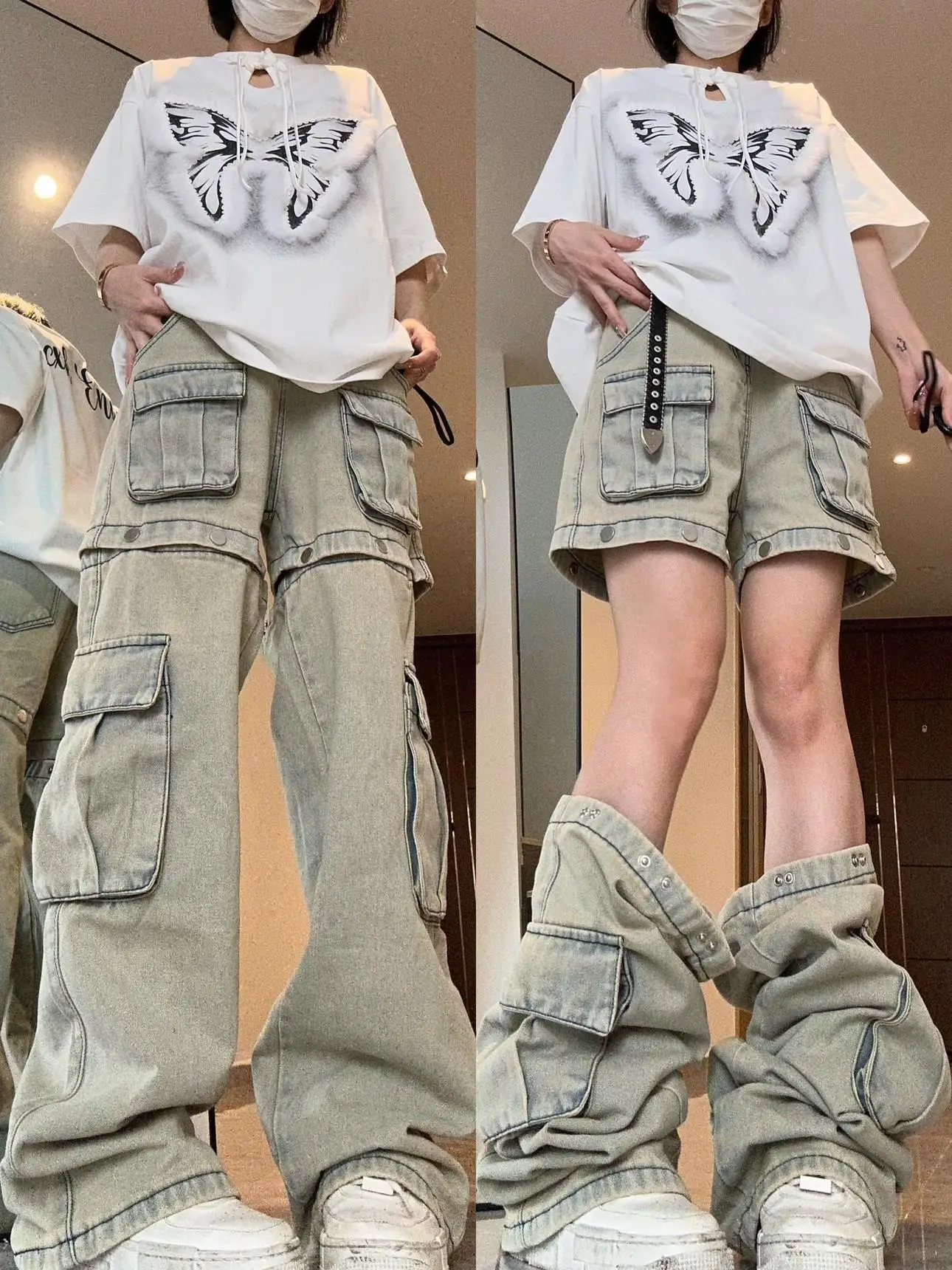 Detachable design, American style clothes jeans, men and women's summer thin vintage high street straight tube niche vibe pants