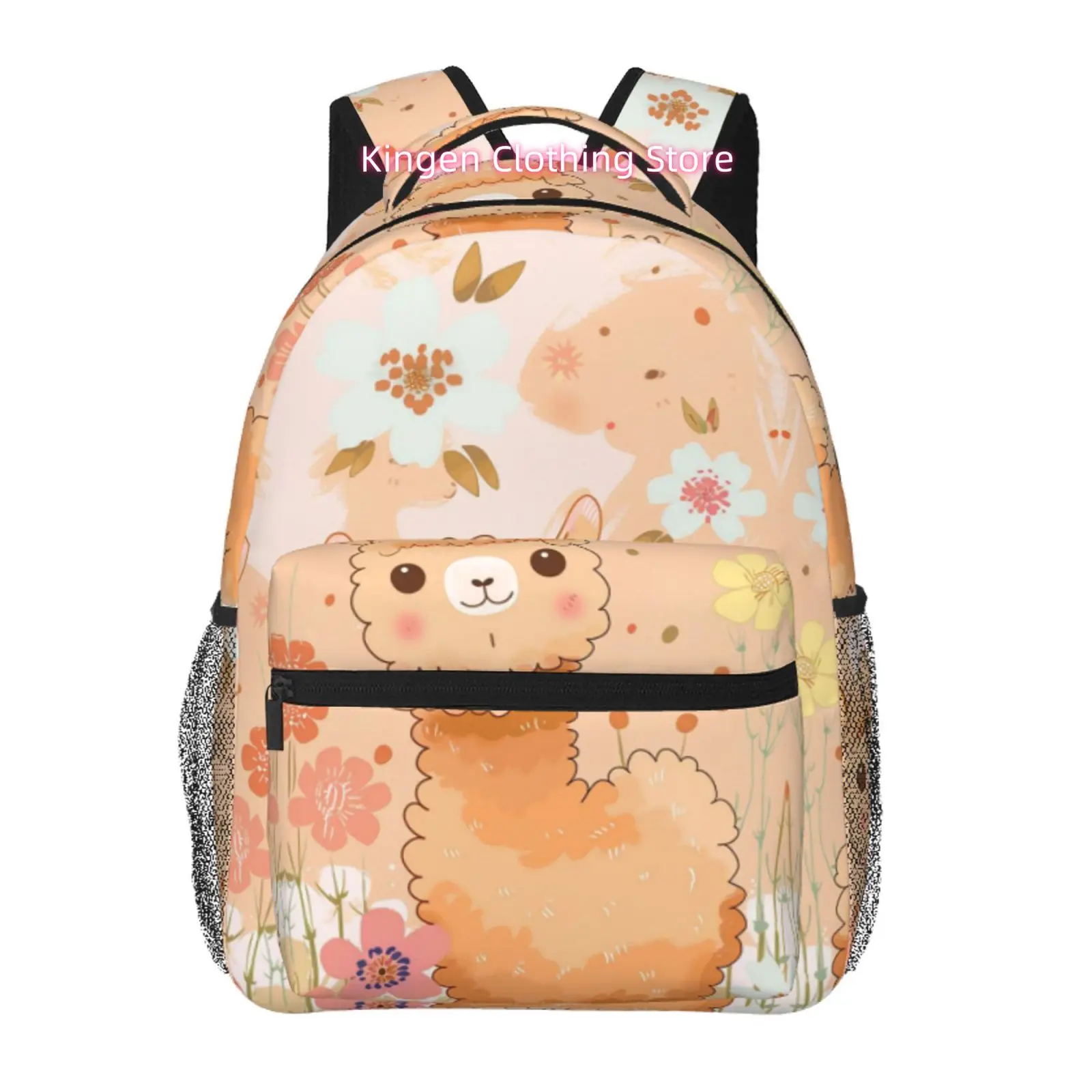 Kawaii Alpaca with Floral Background Print Backpack, Adjustable Shoulder Straps, High Quality Oxford Cloth, for Women Travel, Ou