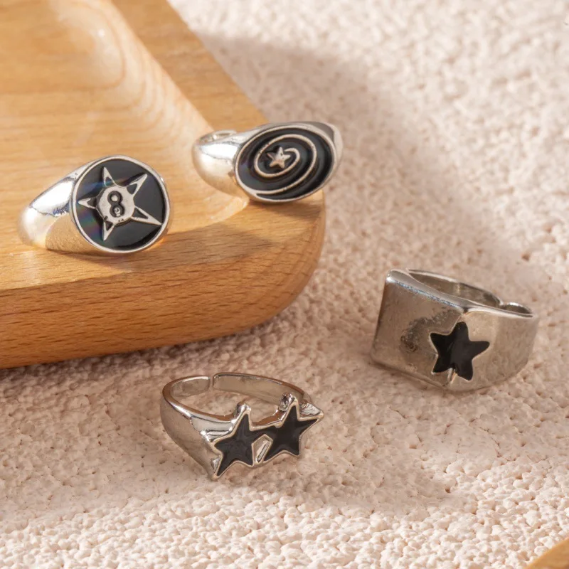 4 قطعة الشرير الأسود الخماسية نجمة خواتم واسعة للرجال النساء الهيب هوب هندسية سميكة افتتاح خواتم الاصبع مجموعات هدايا مجوهرات الحفلات #4