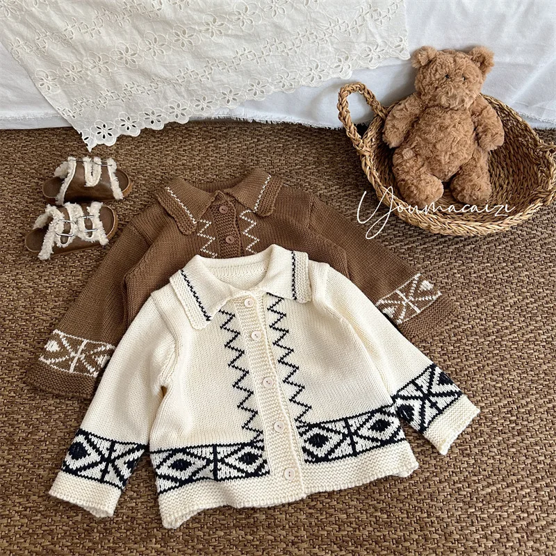

2025 Autumn New Children Color Blocked Turn-down Collar Sweater Cardigan Girls Baby Korean Retro Long Sleeved Coat