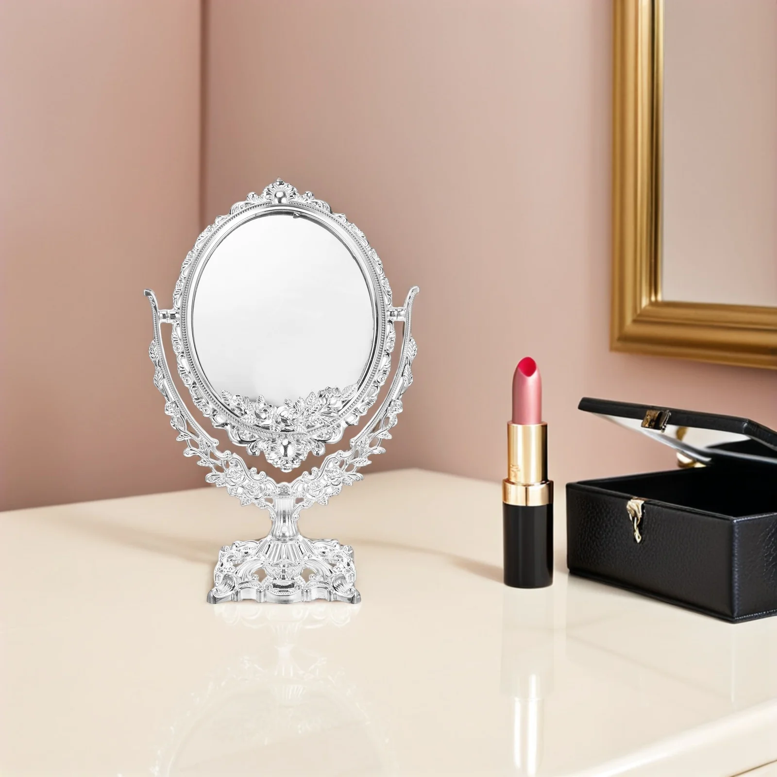 مرآة ماكياج خمر 360 قطب البيضاوي مزدوجة الوجهين عالية الوضوح الغرور منضدة الزينة الرجعية سطح المكتب مرآة مكتب دوارة
