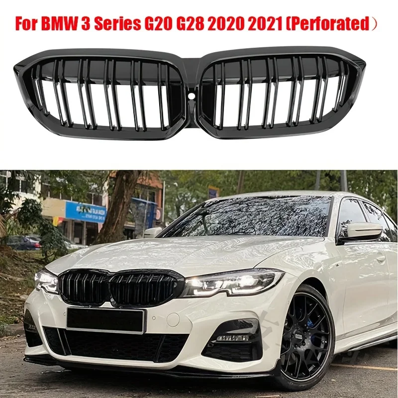 2020 BMW 3 Series G20 G28 Front Grille Replacement - Double Line Black Polished Plastic Bumper Grille, Easy To Install