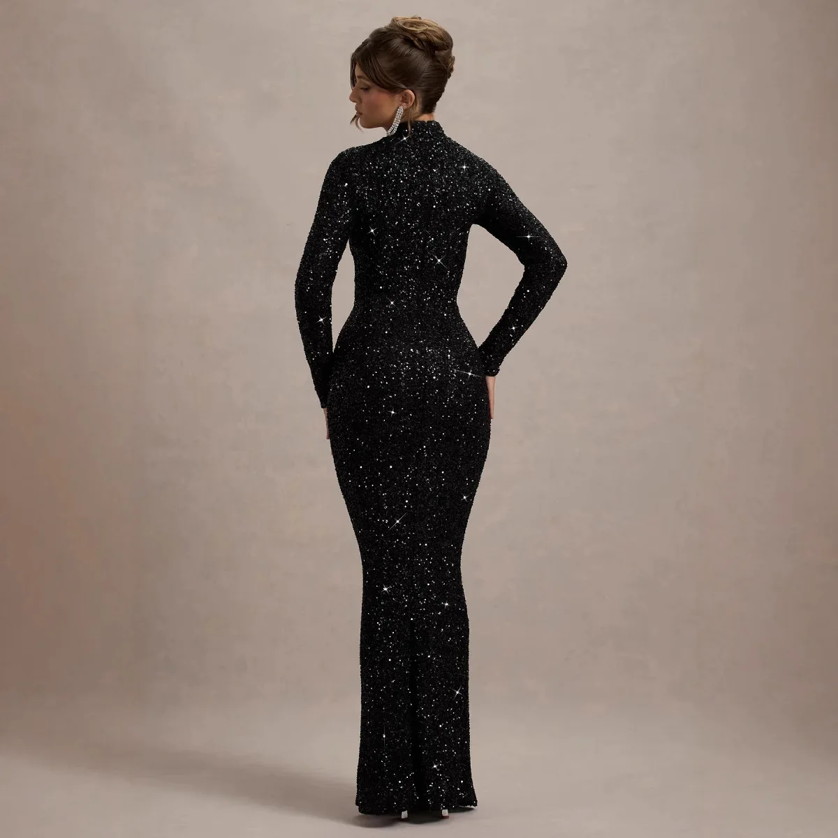 2025 nova moda americana europeia feminina preto cor sólida manga longa gola alta lantejoulas tornozelo comprimento vestidos elegantes femininos