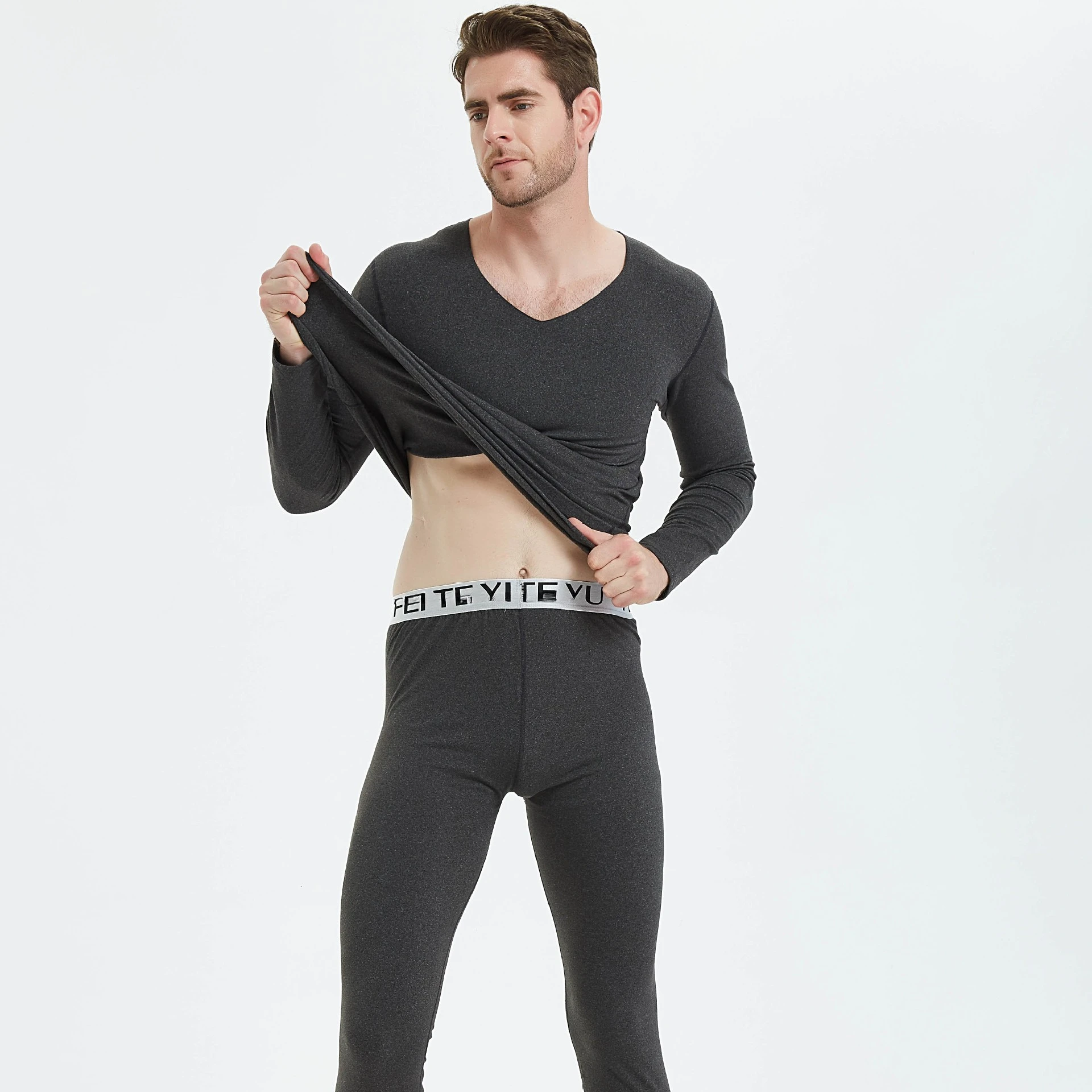 Men's Long Johns Set Thin Fleece-Lined V-Neck Thermal Undershirts Compression Tights Base Layer Set Comfy Homewear Warmth sets