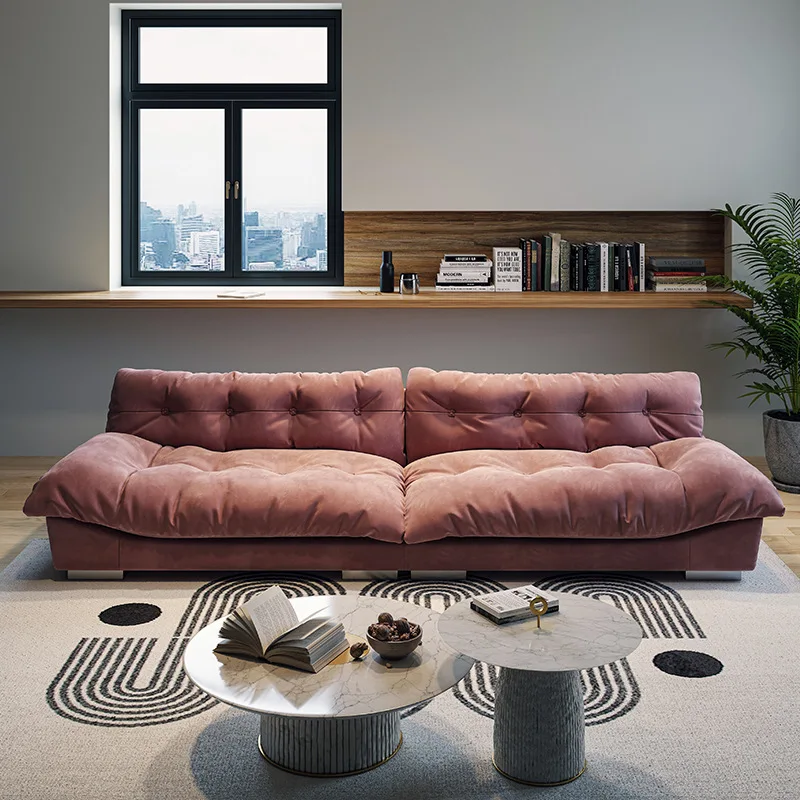 Genuine Leather 4-Seater Pink Sofa for Living Room and Office
