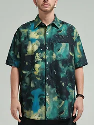 Oversized Loose Retro Oil Painting Print  Short Sleeve Hawaii Beach Summer Men Shirt Student Fashion Casual Mens Clothing