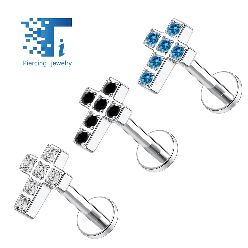 F136 Titanium Cross Inlaid 5A Grade Zirconia Earrings 16G18G Internal Threaded Ear Bone Stud Titanium Body Piercing Jewelry