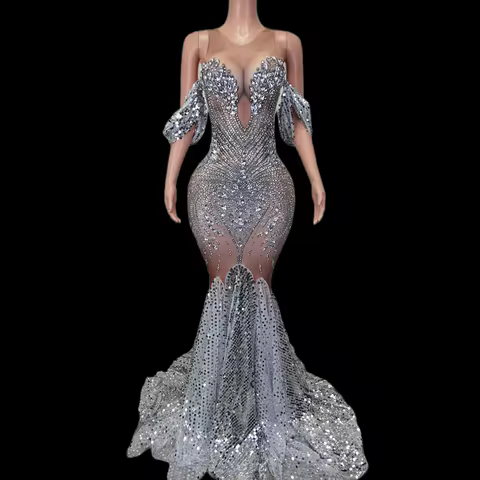 Sparkly Crystal Sequins Banquet Evening Mermaid Dress Pageant Ball Gown Women Floor Length Cocktail Party Dress Drag Queen Wear