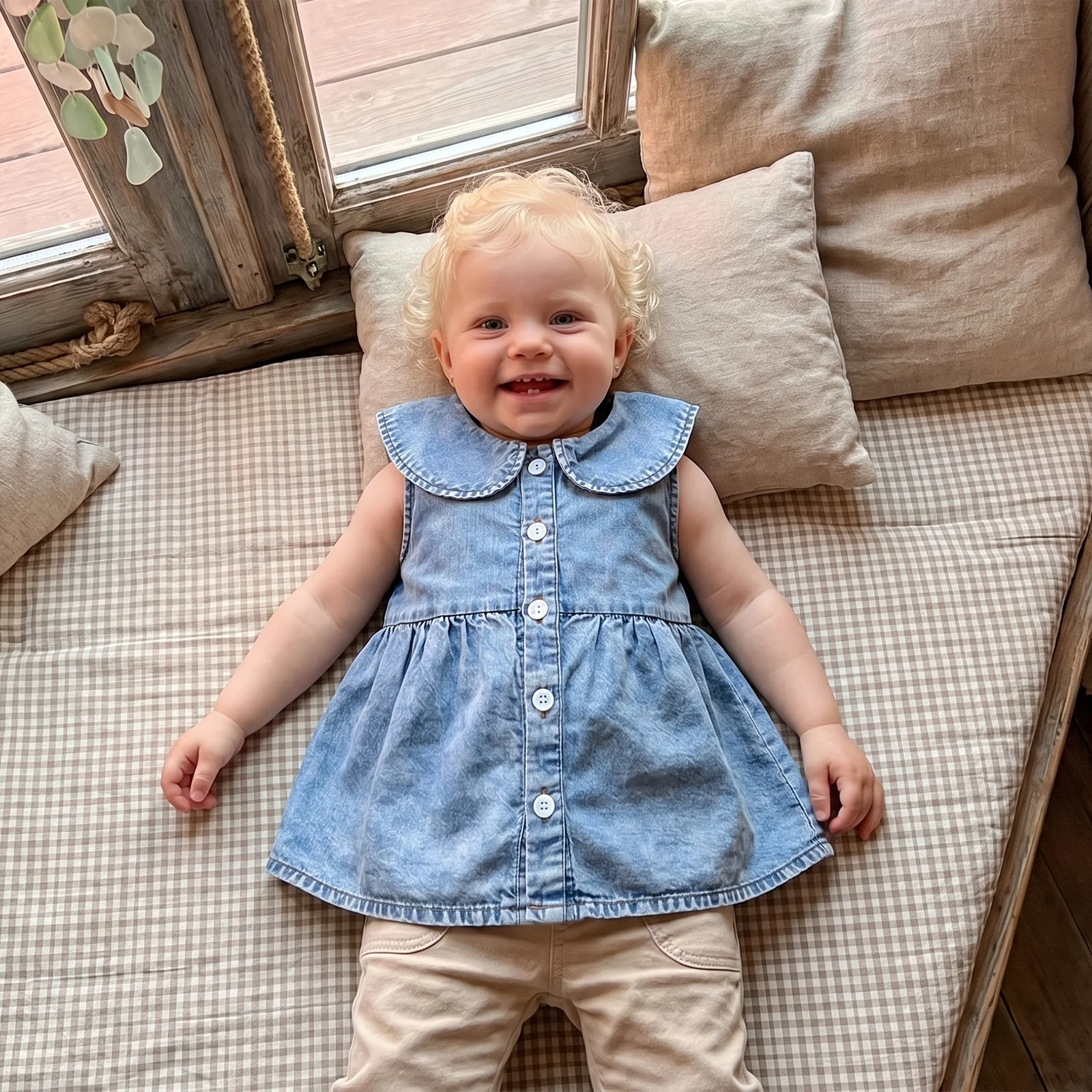 Little Girl Denim Babydoll Tops Casual Sleeveless Doll Collar Button-up Ruffled Hem Jean Blouse for Summer