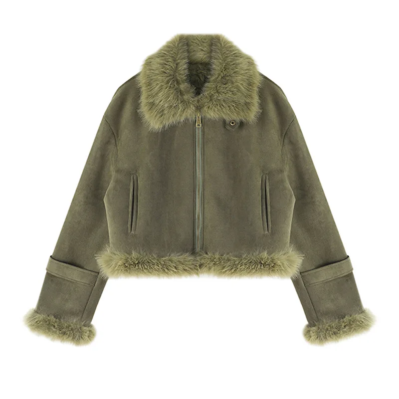 Jaqueta Feminina de Couro Camurça Forrada com Pelo, Estilo Motociclista, Quente, Corta-Vento e Resistente à Água, Casaco Casual de Inverno, Popular no Comércio Transfronteiriço
