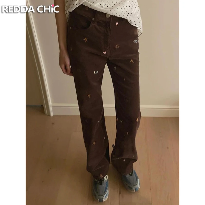 REDDACHiC Rainbow Embroidery Cartoon Corduroy Pants for Women Striped Texture High Waist Straight Long Trousers Vintage Clothes