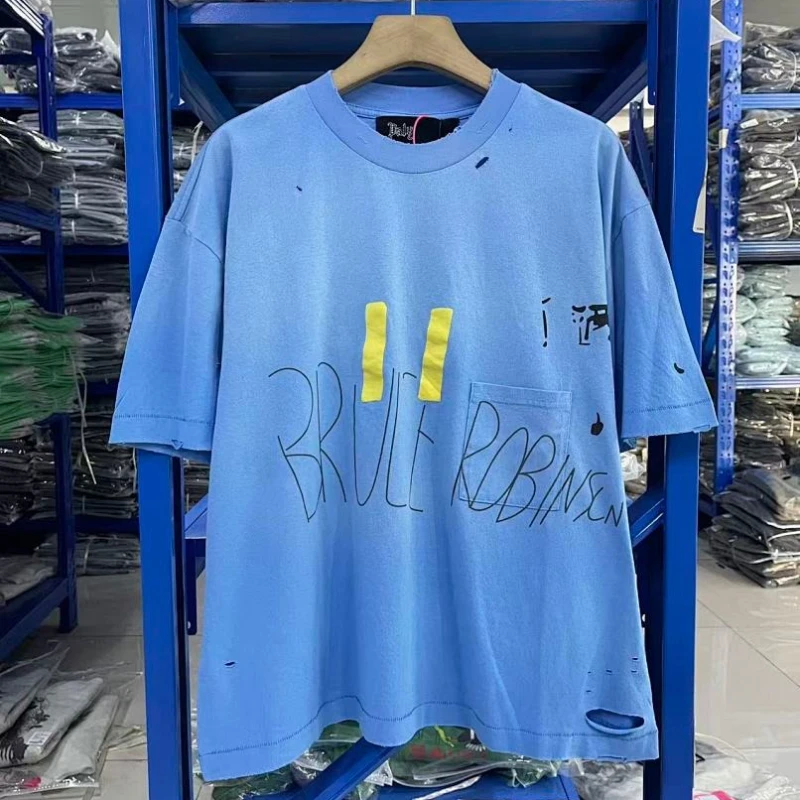 Washing Blue Retro Hole Style Cotton T‑shirt Oversized O‑Neck Paly Short Sleeve Tee For Men Women