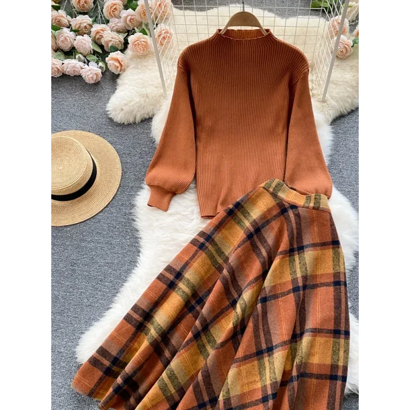 Retro Casual Sweater 2 Piece Set Women Lantern Sleeve Sheath Knitt Top+Elastic Loose Long Skirt Female Autumn Elegant SuitsWomen image 5