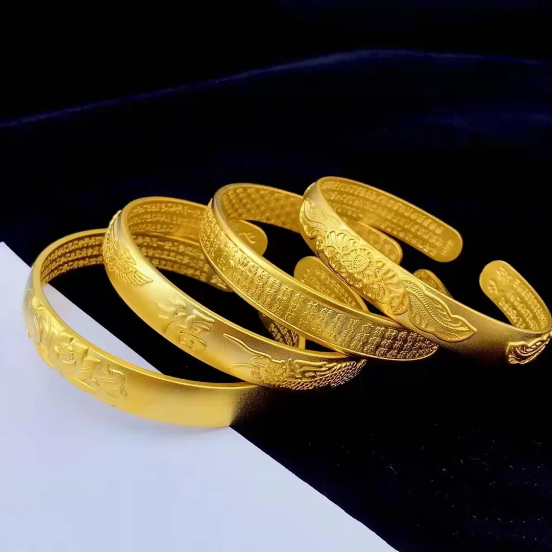 

High Quality Pure Gold 24K Gold Open Baifu Heart Sutra Bracelet Jewelry AU750 Dragon and Phoenix Blessing 999 Bracelet