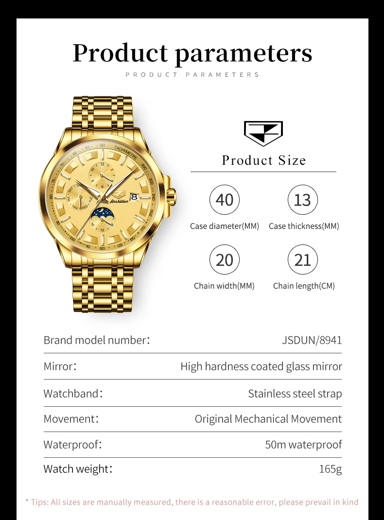 ساعة أوتوماتيكية للرجال من JSDUN مصنوعة من الستانلس ستيل ، قرص كبير ، ذهبي ، مقاوم للماء ، تقويم ، أنيق ، ميكانيكي ، فاخر ، 49
