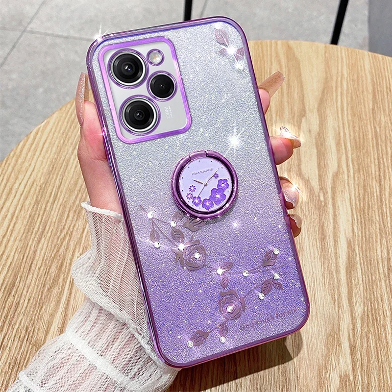 Gradient Stand Phone Case For Poco F5 Pro M5S X4 GT C50 F4 X5 Pro M3 M4 Pro 5G Xiaomi 12T 13T Pro 12 Lite Glitter Flower Cover