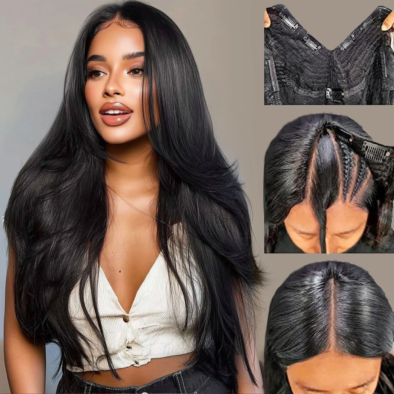 الخامس جزء شعر مستعار العظام شعر طبيعي مفرود الباروكات للنساء غلويليس البرازيلي اللون الطبيعي 200 الكثافة آلة صنع الخامس شكل الباروكات 40 بوصة #1