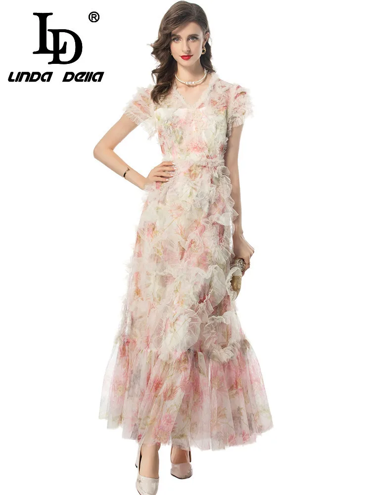 

LD LINDA DELLA Summer Runway Fashion Dress Women's Bohemian Floral Print Cascading Ruffle Net Yarn Elegant Flutter Beach Dresses