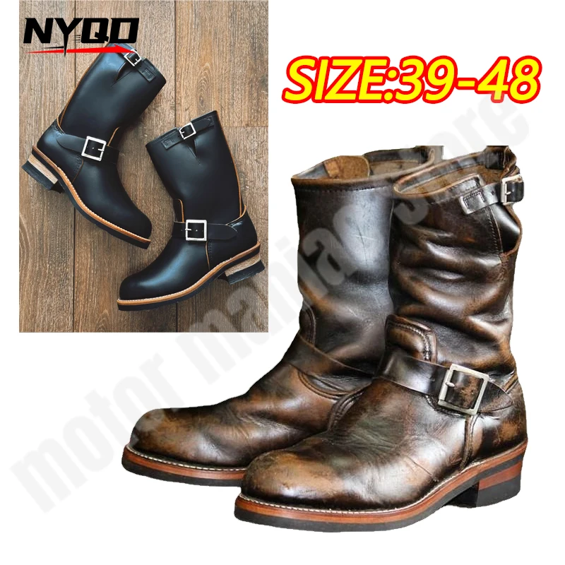 

Мужские ретро-мотоциклетные ботинки, круглые ботинки средней длины, ботинки на плоской подошве, модные мужские туфли из искусственной кожи, Botas Para Moto Hombre