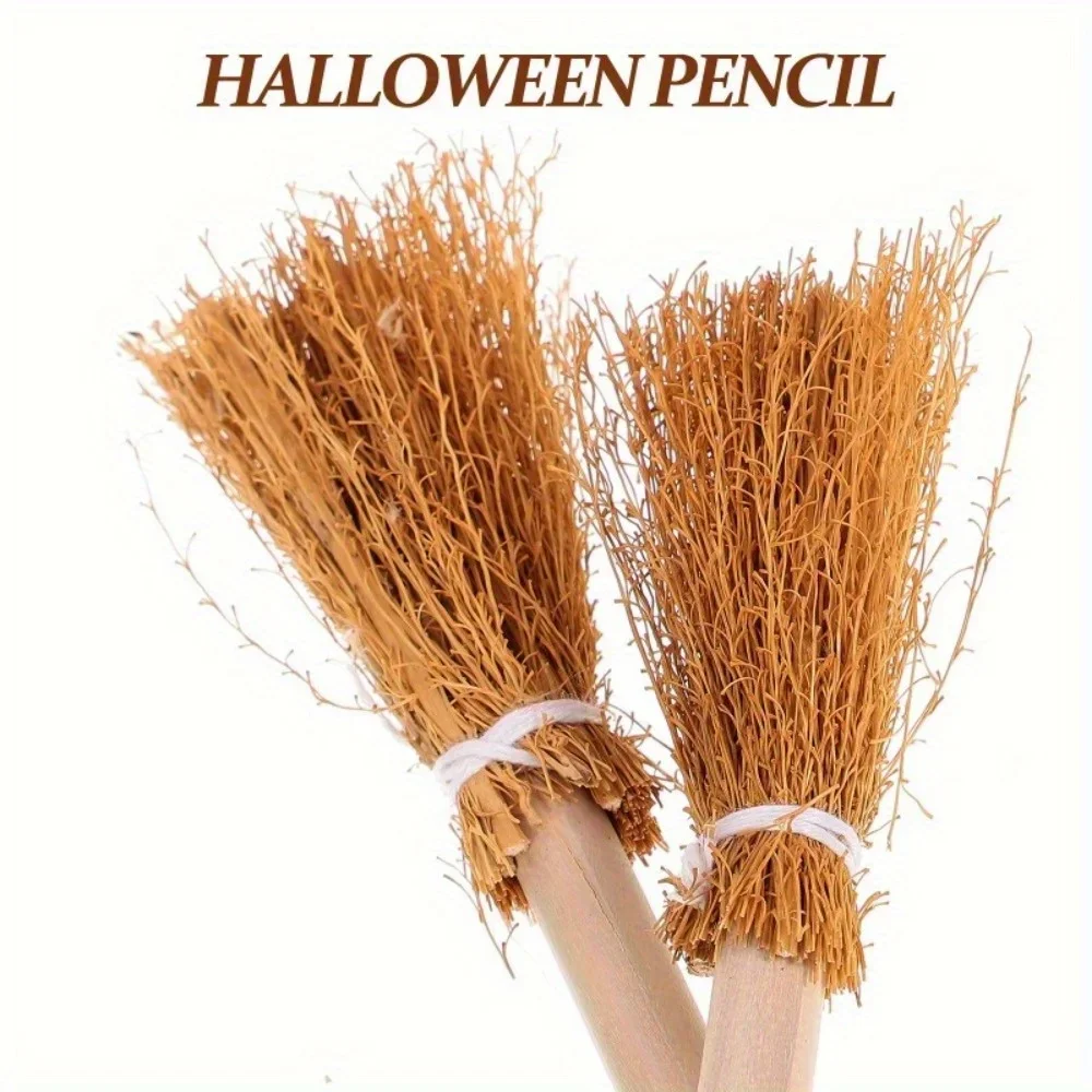 5/10pcs Halloween Witch Broom Design Pencil Natural Straw Broom Top Wooden Pencils Party Favor Supplies lapiz new pen