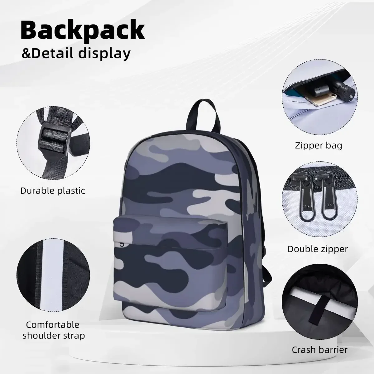 Grey Camouflage Pattern Backpacks Student Book bag Shoulder Bag Laptop Rucksack Casual Travel Rucksack Children School Bag