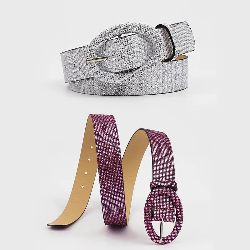 PU Leather Woman Belts Women's Brand Belt Shiny Designer High Quality 2024 Luxury Europe and America Dress Modern Ladies Glitter